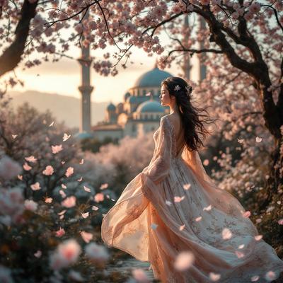 The primary subject of the image is a woman in a flowing dress, standing in a field with pink flowers. The setting is a beautiful outdoor environment with a backdrop of a mosque and a large building. The visual style of the image is a photo, capturing the woman's graceful movement and the vibrant colors of the flowers. The dominant colors in the image are pink and white, creating a serene and romantic atmosphere.